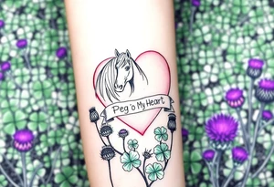 a big pale pink heart in a huge patch of green shamrocks, and purple thistles, and a horse with a banner across the heart that says Peg 'o My Heart tattoo idea