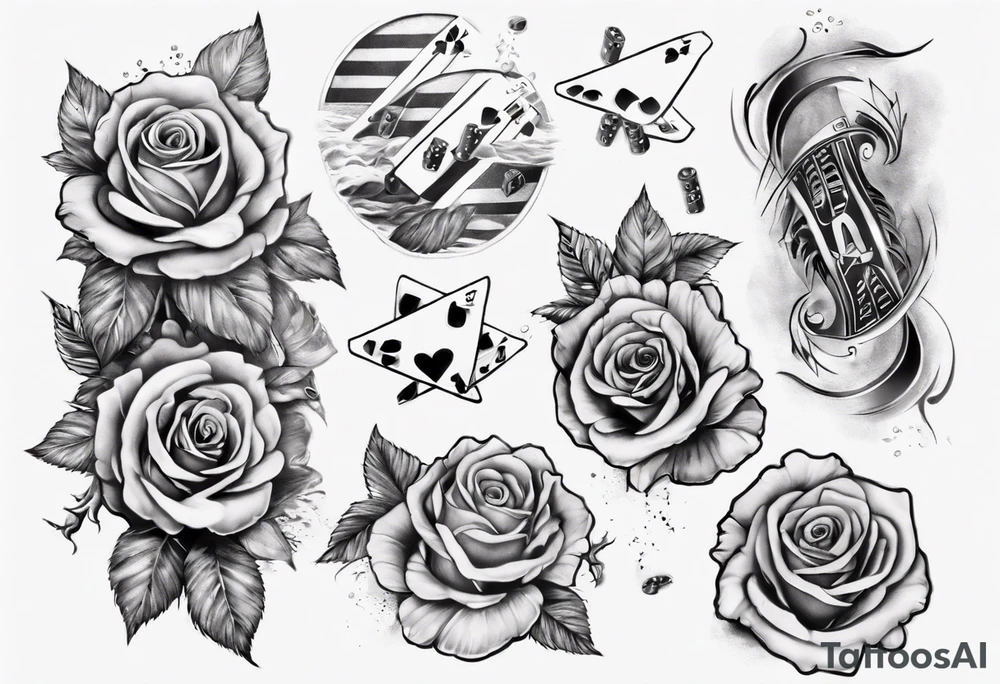 Half-sleeve with roses, beach theme and gambling tattoo idea Half-sleeve with roses, beach theme and gambling tattoo idea