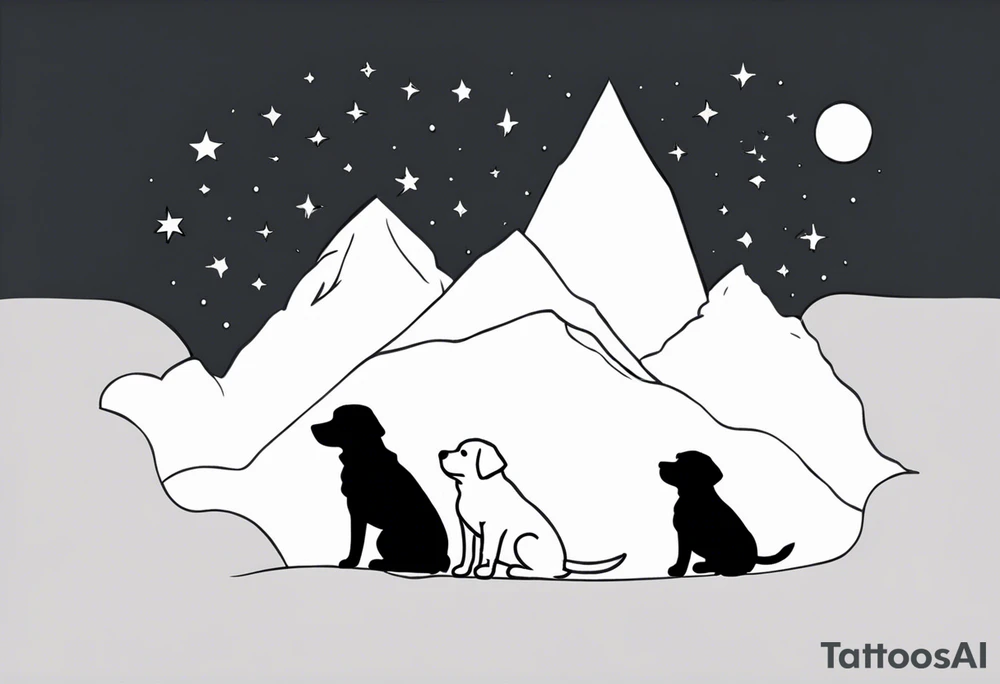 3 black silhouettes of dogs looking up at the night sky tattoo idea