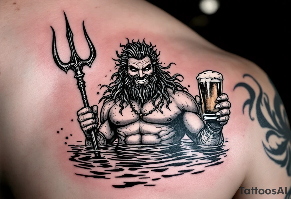 smiling poseidon, with a trident, in calm water, holding a beer tattoo idea