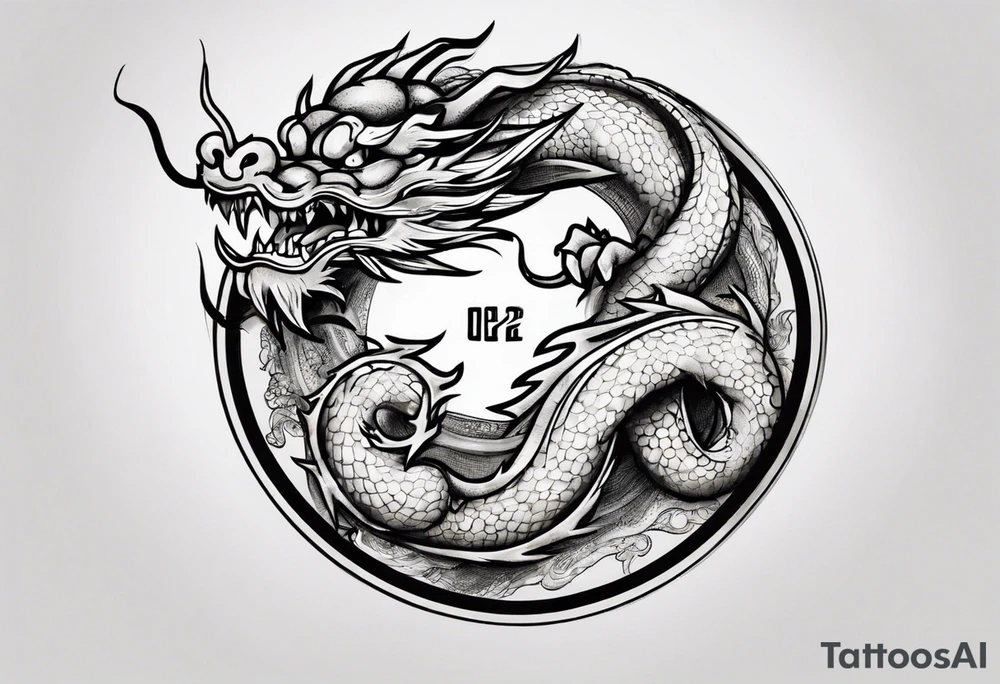 Chinese dragon in a circular shape with "02.03" written on its skin tattoo idea