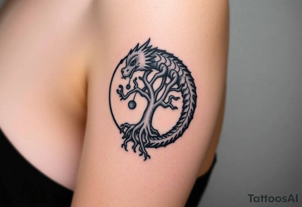 a dragon forming a circle with its body.  the dragon encircles the tree of life.   the tree of life has fruit  and the dragon is eating the fruit. the roots of the tree are strangling the tail of the dragon tattoo idea