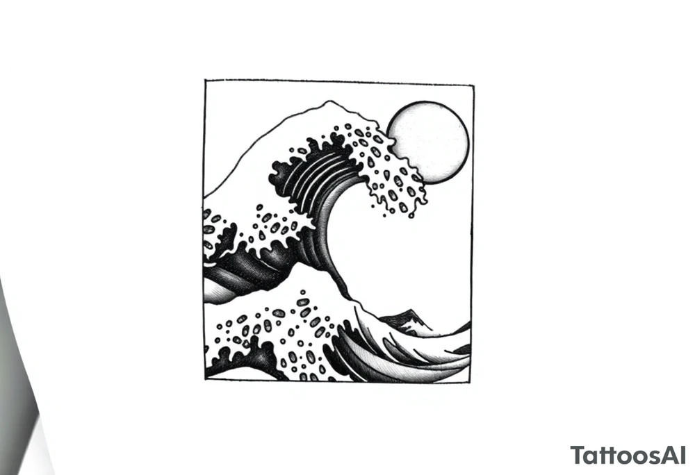 Black and white tattoo design in a vertical rectangular frame, sized to fit the upper arm. Inside the border, feature a dramatic Hokusai-style wave as the central focus, with intricate detailing and texture. Include expressive water droplets around the crest and spray of the wave, similar to traditional Japanese woodblock prints. In the top right or left corner, place a solid black or partially shaded sun for contrast. Use black ink thoughtfully—avoid overly large solid black areas; instead, emphasize fine linework and layered shading to give the piece depth without overwhelming the composition. The overall aesthetic should be bold yet elegant, with a clean, framed silhouette suitable for a modern tattoo. tattoo idea