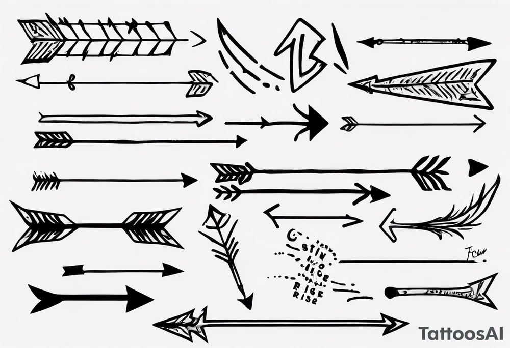 I want a very thin plain arrow going through the sentence “still i rise” which uses a handwritten thin spaced out font tattoo idea