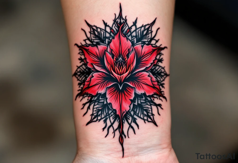 red  and black rhododendron trippy with mandala behind tattoo idea