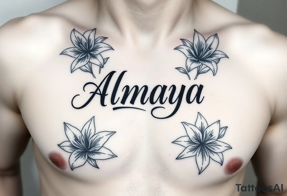 The name Almaya surrounded by Lilies. I want this on rib cage tattoo idea