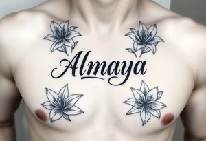The name Almaya surrounded by Lilies. I want this on rib cage tattoo idea