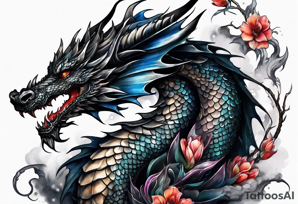 Full body black dragon wrapping around arm tattoo idea