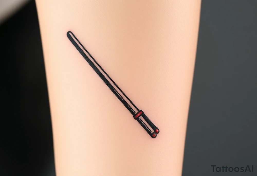 chinese chopsticks with a red thread by the end of it,
about 5cm long , 1 cm wide
it goes into the anterior part of the left wrist tattoo idea