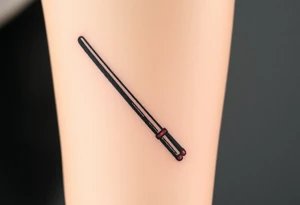 chinese chopsticks with a red thread by the end of it,
about 5cm long , 1 cm wide
it goes into the anterior part of the left wrist tattoo idea