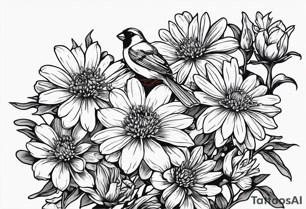 Aster flowers - sea rocket flowers with a cardinal around the words Dad tattoo idea