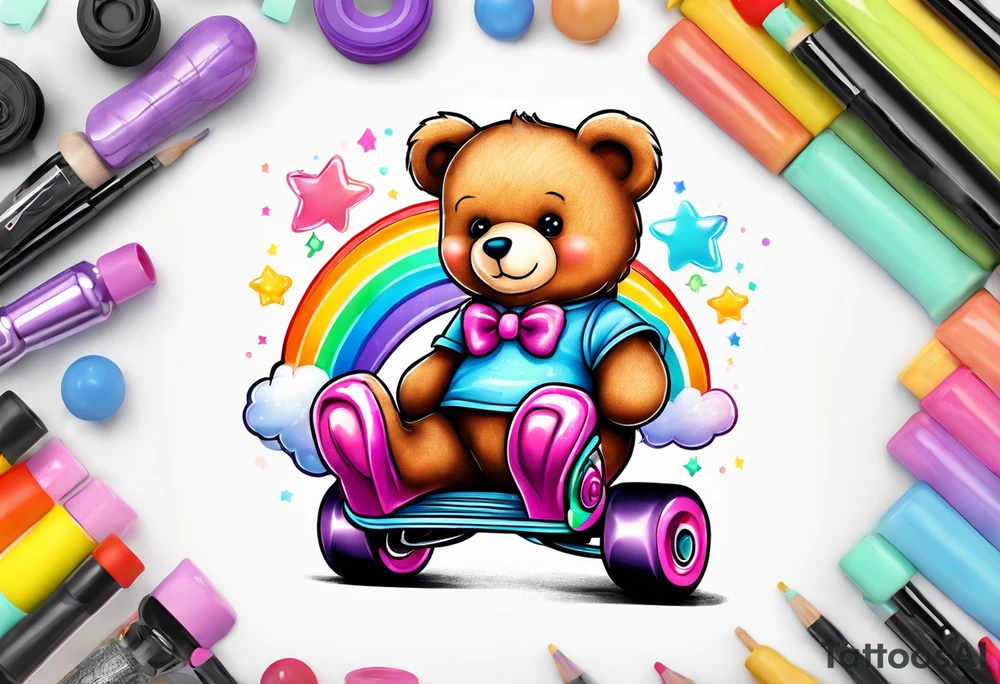 a teddy bear wearing cute, pastel rainbow rollerskates tattoo idea