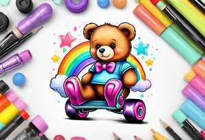 a teddy bear wearing cute, pastel rainbow rollerskates tattoo idea