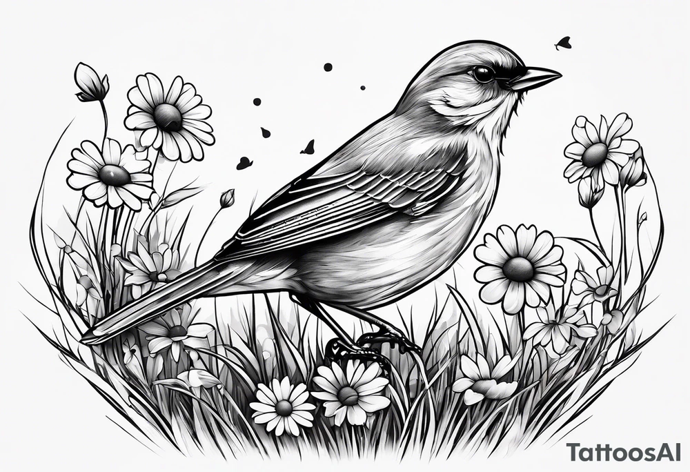 Little bird out perched on a field of grass and daisys tattoo idea