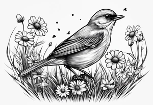 Little bird out perched on a field of grass and daisys tattoo idea
