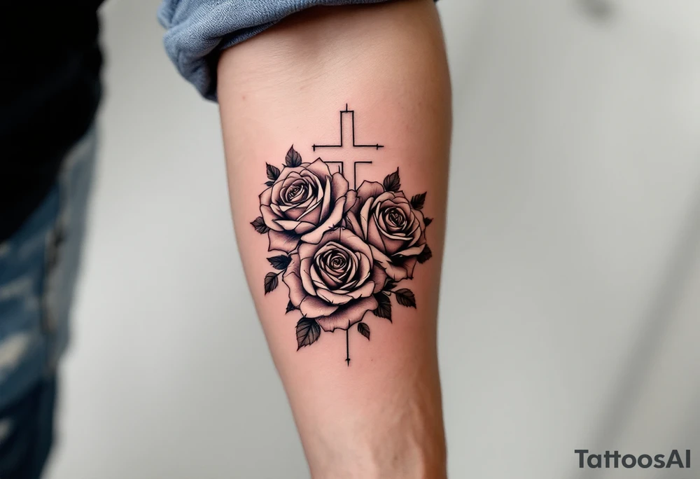 Three Big roses, with a cross outline in the middle tattoo idea