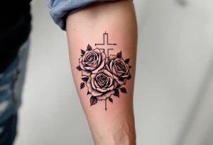 Three Big roses, with a cross outline in the middle tattoo idea