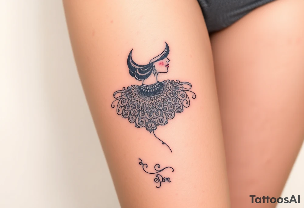 Art deco woman with elaborate filigree, BDSM collar, thigh tattoo. tattoo idea