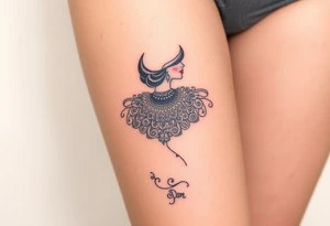 Art deco woman with elaborate filigree, BDSM collar, thigh tattoo. tattoo idea