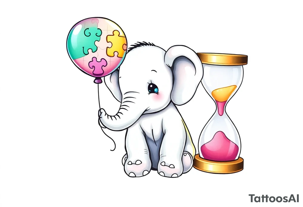 Baby elephant sitting next to an hour glass; holding rainbow autism puzzle balloon tattoo idea