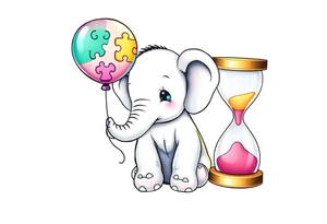 Baby elephant sitting next to an hour glass; holding rainbow autism puzzle balloon tattoo idea