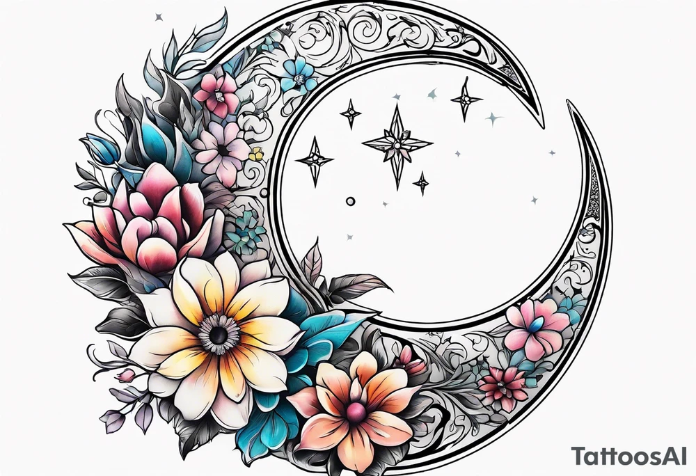 Crescent moon shrouded in pretty flowers tattoo idea