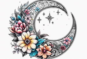Crescent moon shrouded in pretty flowers tattoo idea