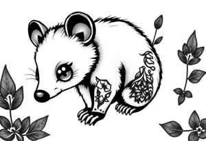 Cute cartoon opossum with anime style eyes, black detailed leg tattoo tattoo idea