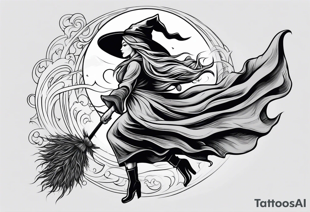 Witch flying on broom tattoo idea