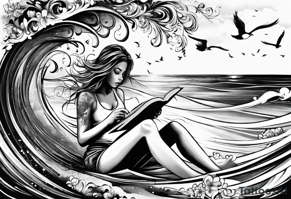 Someone is sitting on the beach reading a book and the pages are flying in the wind, the purpose of the tattoo is to emphasize that just as the pages are flying in the wind, you also have to flip through situations in life tattoo idea