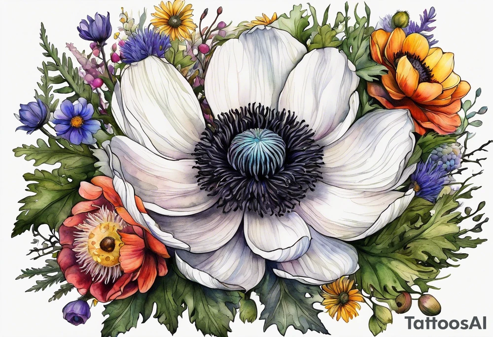 one white anemone with black center in the middle of mixed colorful wildflowers all with different shapes including thistles, ferns, ranuculus, and sun flowers all in watercolor tattoo idea