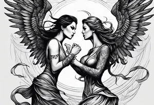 angel woman and devil woman fighting, arguing on the sky , big wingsand full body  , angel at the right , tattoo idea