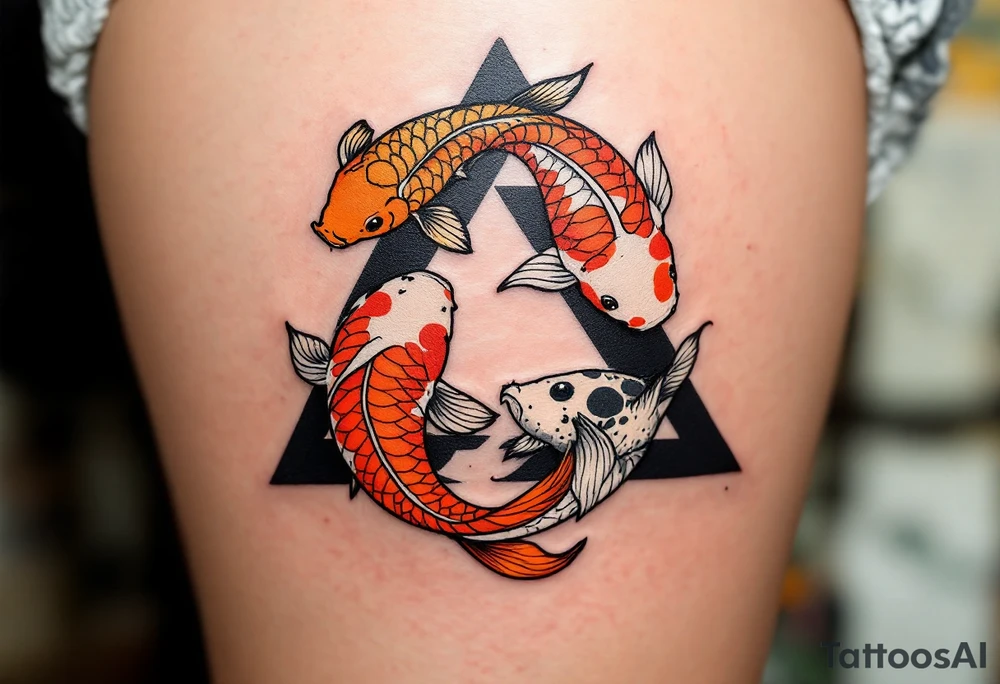 A triangle formed by three koi fish in orange, black, and white, swirling in harmony. tattoo idea