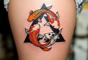 A triangle formed by three koi fish in orange, black, and white, swirling in harmony. tattoo idea