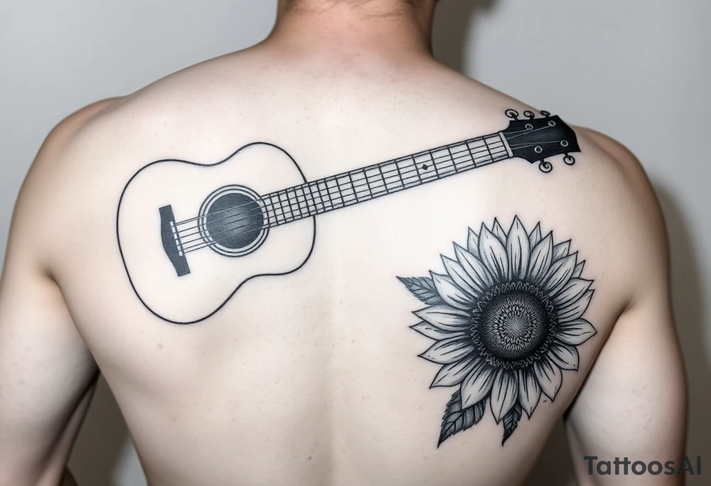 Acoustic guitar with  sunflower on bottom right corner tattoo idea