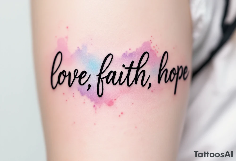 Black ink "love, faith,hope" with a watercolor background blending soft pink, lavender, and sky blue. tattoo idea