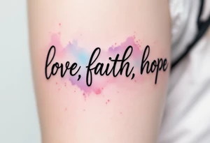Black ink "love, faith,hope" with a watercolor background blending soft pink, lavender, and sky blue. tattoo idea