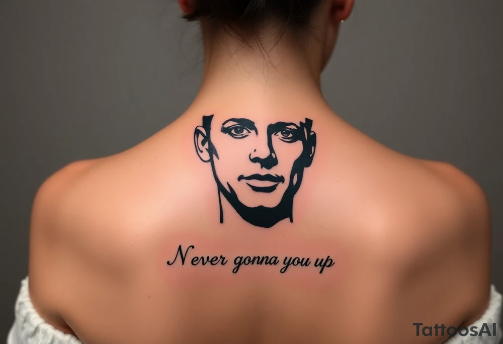 Rick Astley's Face outline with text "Never Gonna Give You Up" tattoo idea