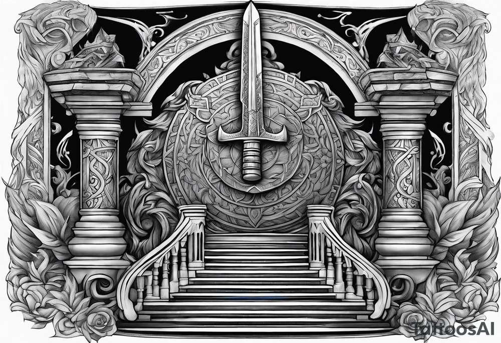 Valhalla sword shield axe stairs   fire tattoo idea