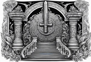 Valhalla sword shield axe stairs   fire tattoo idea