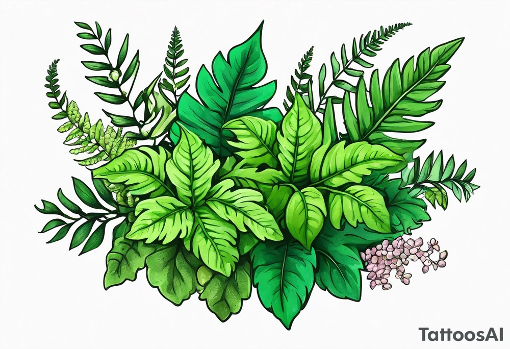 Fern leaf and basil leaf in a bouquet tied with a kawaii ribbon tattoo idea