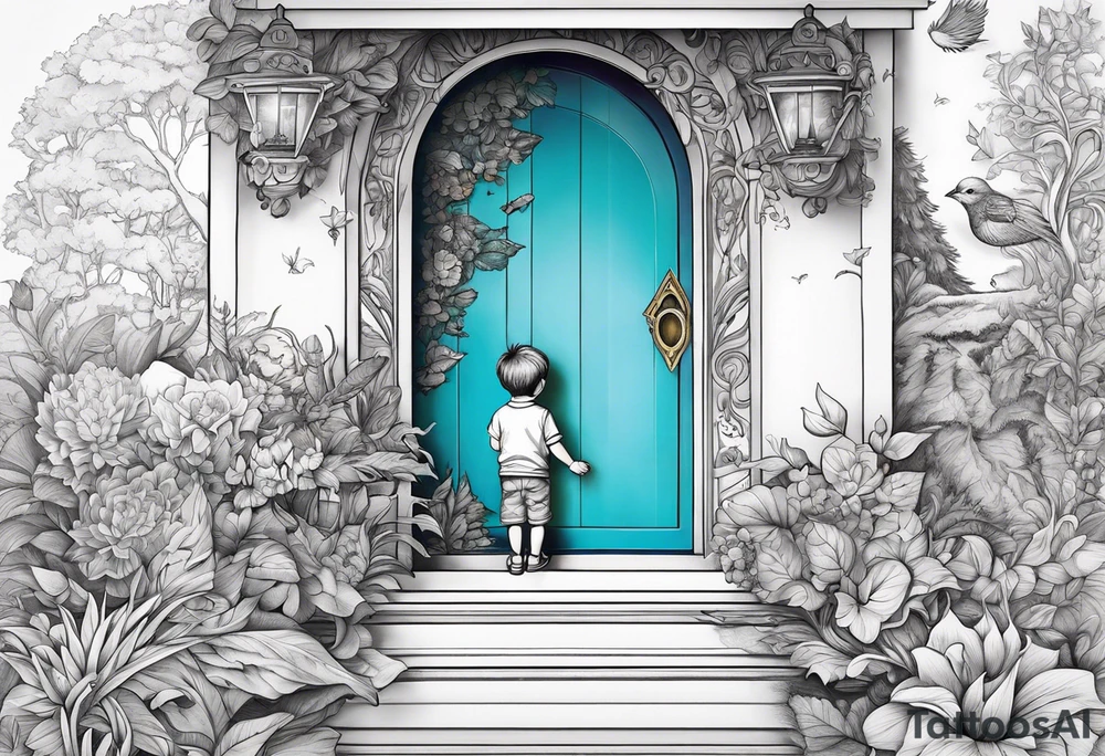 a small boy peeking into a doorway
 leading to a fantasy world filled with nature tattoo idea