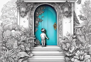 a small boy peeking into a doorway
 leading to a fantasy world filled with nature tattoo idea