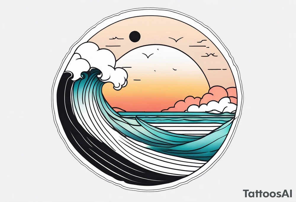 You're adding way too much. Please tone it back. Fine line, minimal sunset. Only Ocean and sunset in the image. Very calm waters with barely any waves. tattoo idea