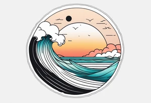 You're adding way too much. Please tone it back. Fine line, minimal sunset. Only Ocean and sunset in the image. Very calm waters with barely any waves. tattoo idea