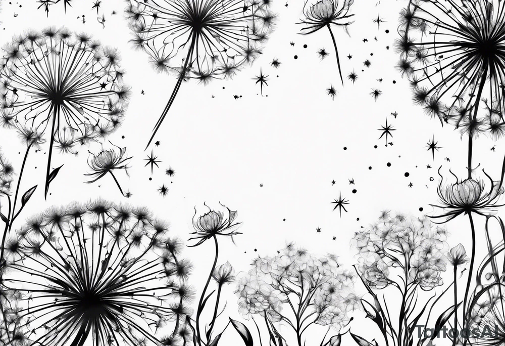 Dandelions with just breathe and the constellations cancer, Virgo, Sagittarius, Aries and Pisces as the petals tattoo idea