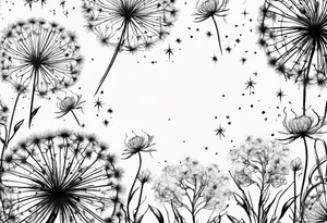 Dandelions with just breathe and the constellations cancer, Virgo, Sagittarius, Aries and Pisces as the petals tattoo idea