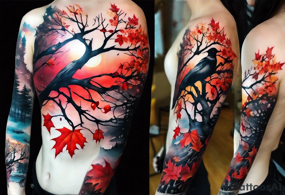 trash polka style. Arm tattoo. chest tattoo. Long tattoo. large tattoo. Full sleeve. Shoulder. A single large maple tree with red autumn leaves that branches upwards from wrist to shoulder. White-throated dipper bird on the trees branches. Calluna flowers at the base of the trees stem. Red/yellow sunset behind the trees stem. Leaves falling. tattoo idea