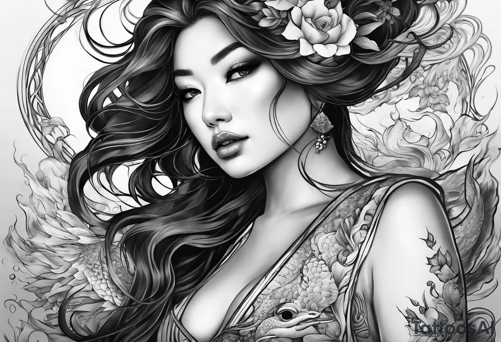 Full-body portrait of an ethereal and dark woman of the sea tattoo idea