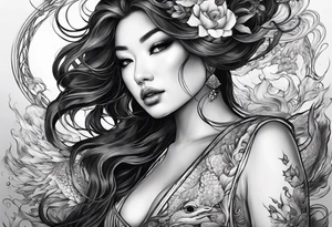 Full-body portrait of an ethereal and dark woman of the sea tattoo idea